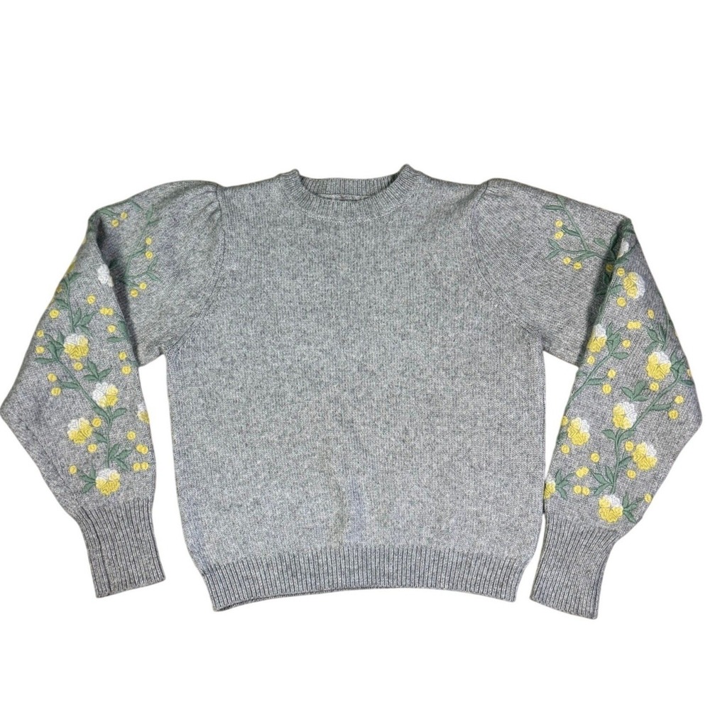 Vintage Mango Y2K Embroidered Floral Knit Sweater S Gray Cottagecore Grannycore